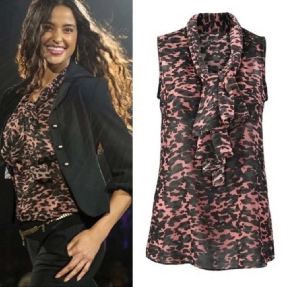 Cabi Brown Black Leopard Print Tie Neck Sleeveless Blouse Top Small 5092 EUC